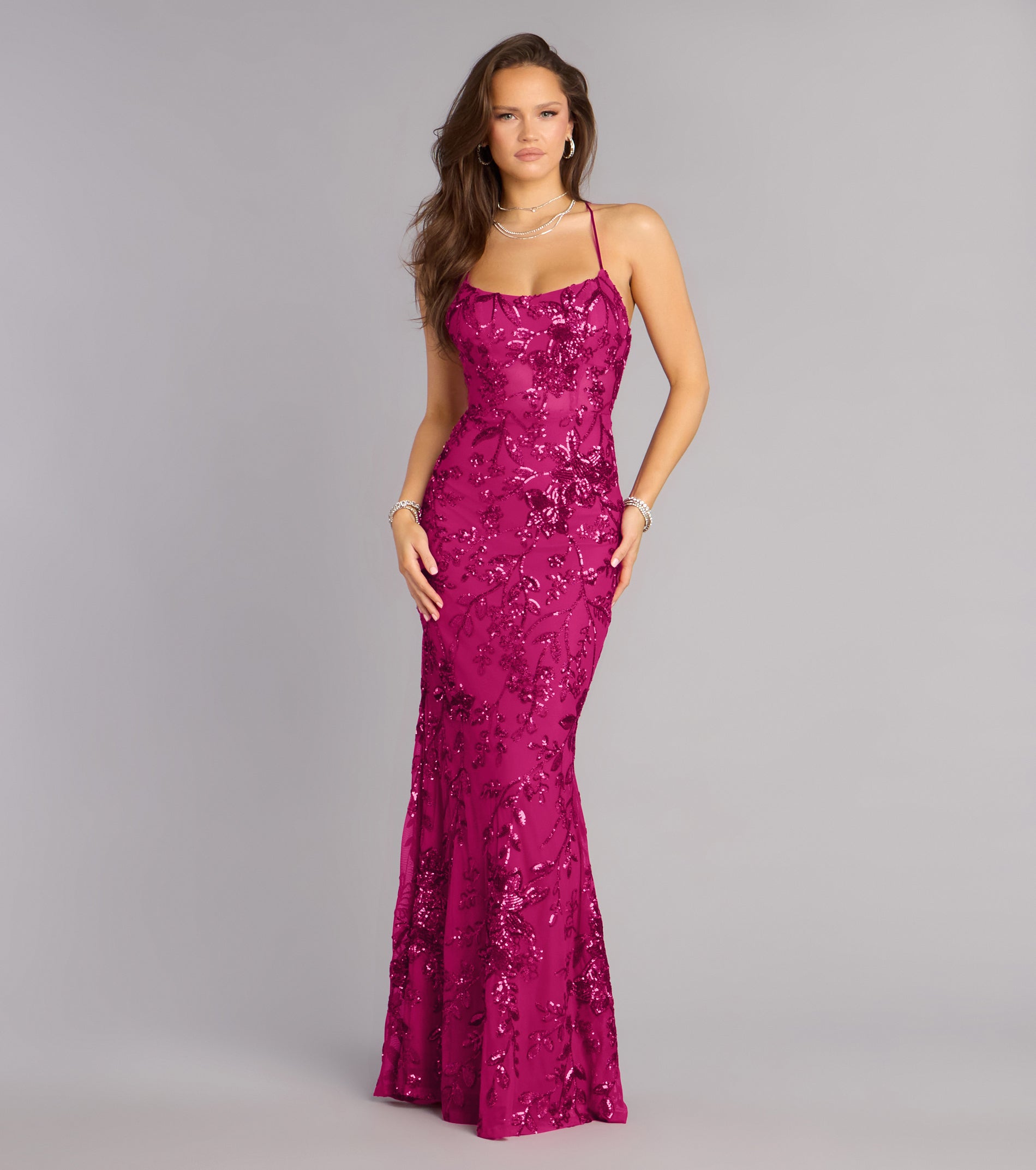 Kaelie Floral Sequin Open Back Mermaid Dress