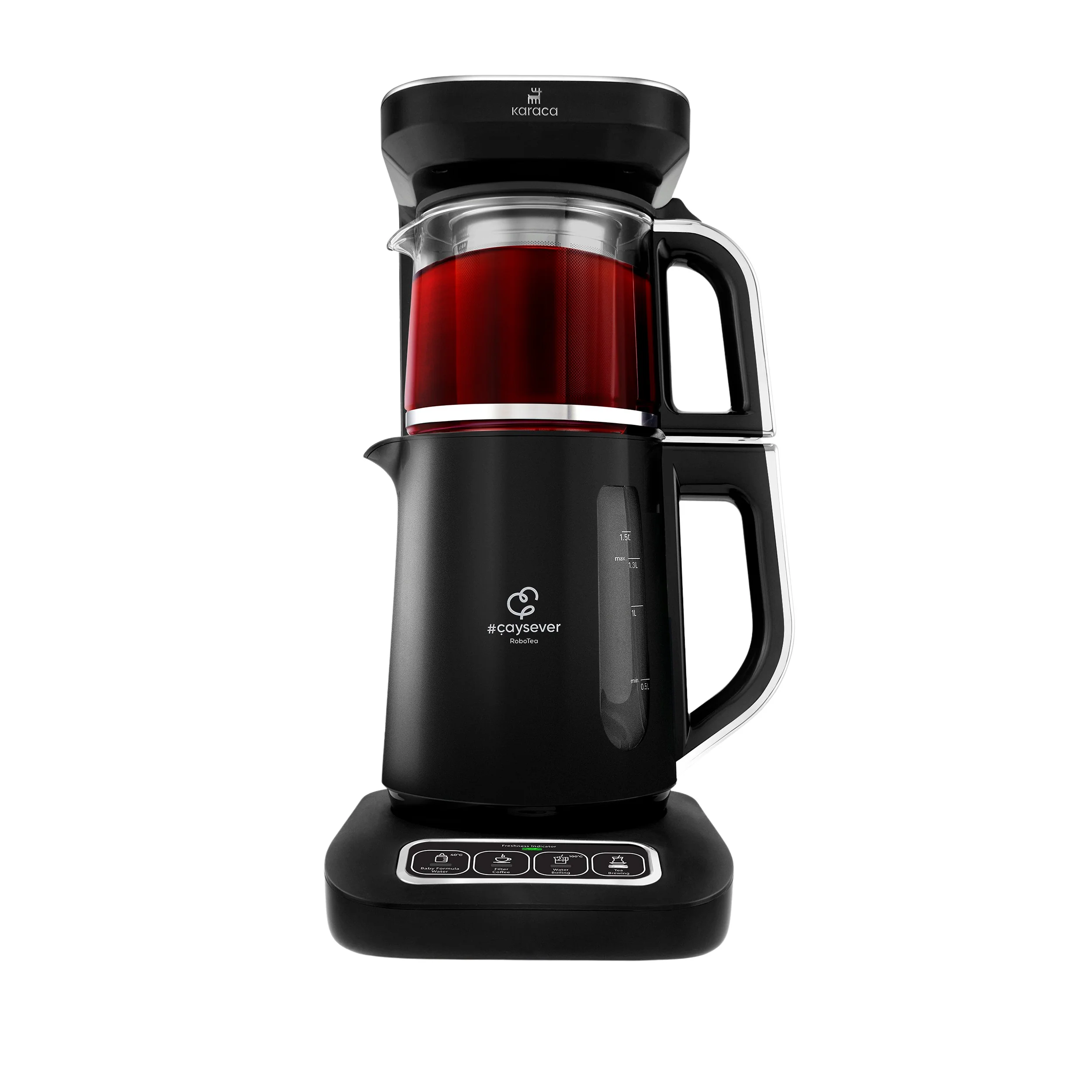 Théière Bouilloire et cafetière filtre Karaca Caysever Robotea Pro 4 en 1 automatique parlant, 2500W, chrome