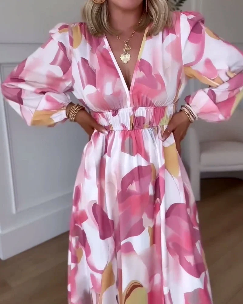 Long sleeve v neck elegant printed maxi dress