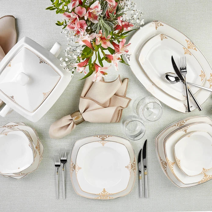Service de table Karaca Milena 60 pièces, 12 personnes, or, carrées