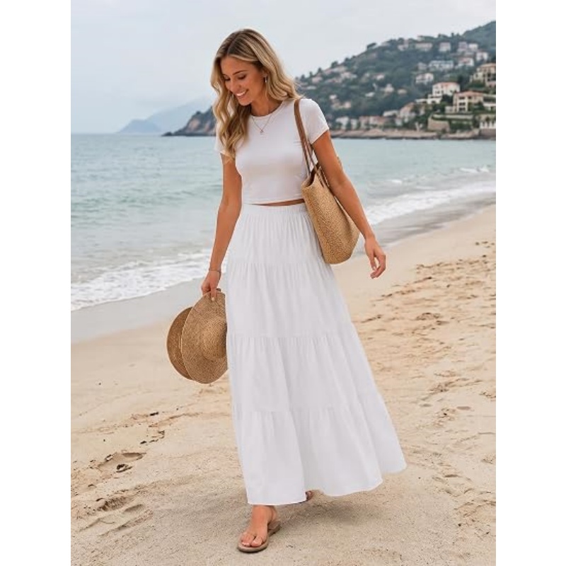 Women's White Boho High Waist Maxi Skirt, Pleated Tiered A‑Line