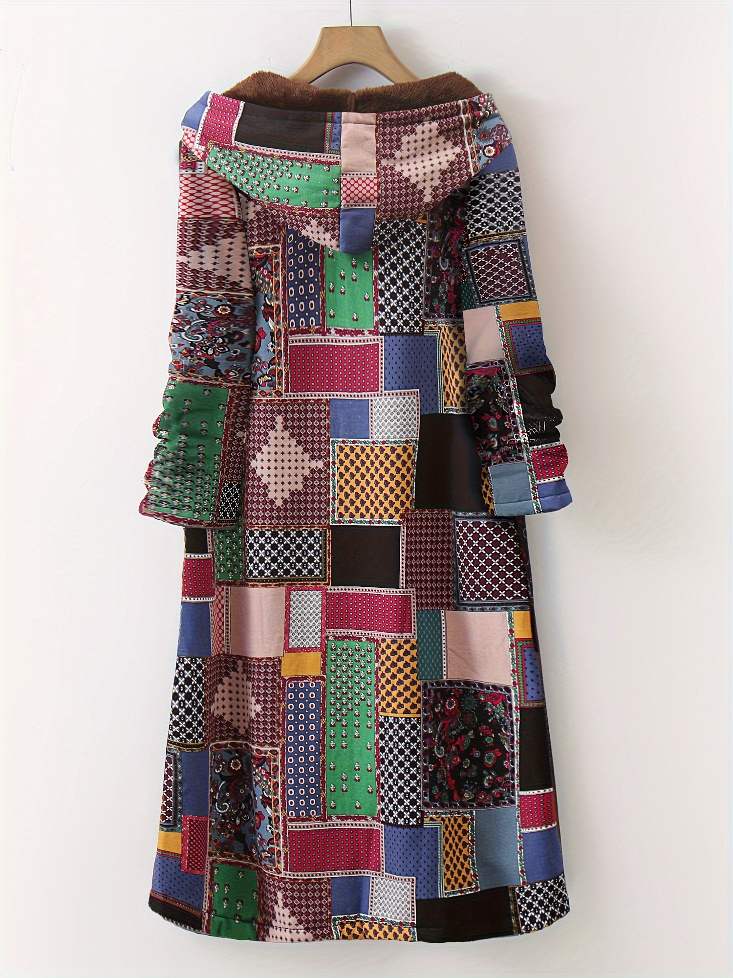 Women’s Plus Size Colorful Patchwork Hooded Coat – Casual Polyester, Machine Washable