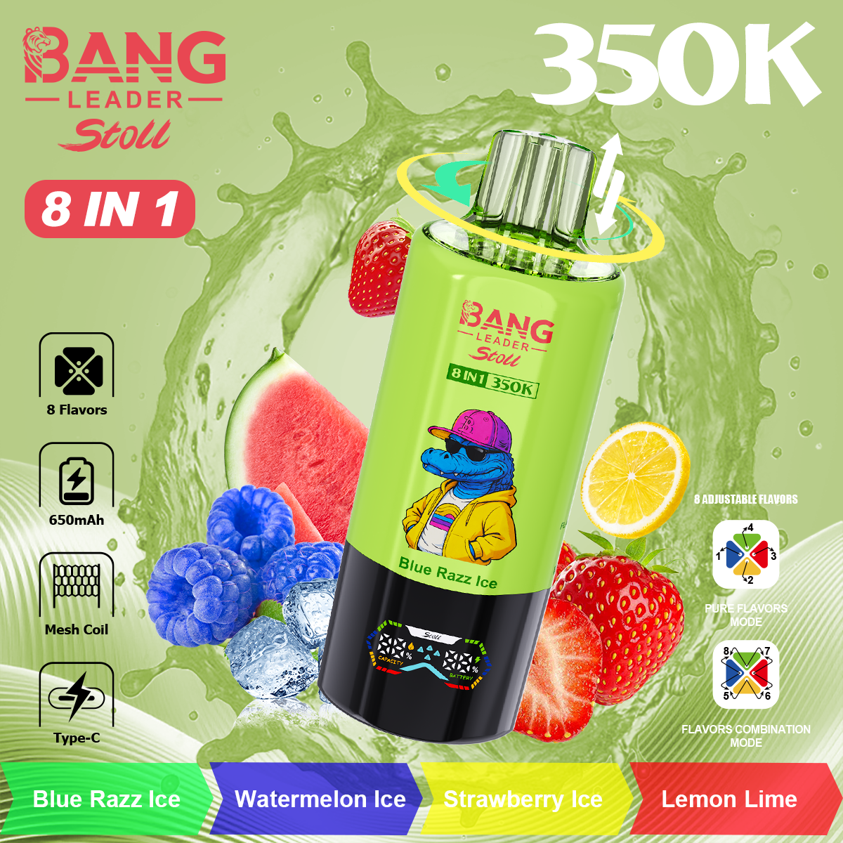 Bang Leader 350K Puffs 8-in-1 Prefilled Vape | 8 Flavors in 1 Device,  Rechargeable, 3%  5%