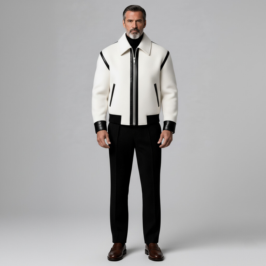Men's White Contrast Black PU Leather Trim Shirt Collar Long Sleeve Pocket Zip Up Jacket
