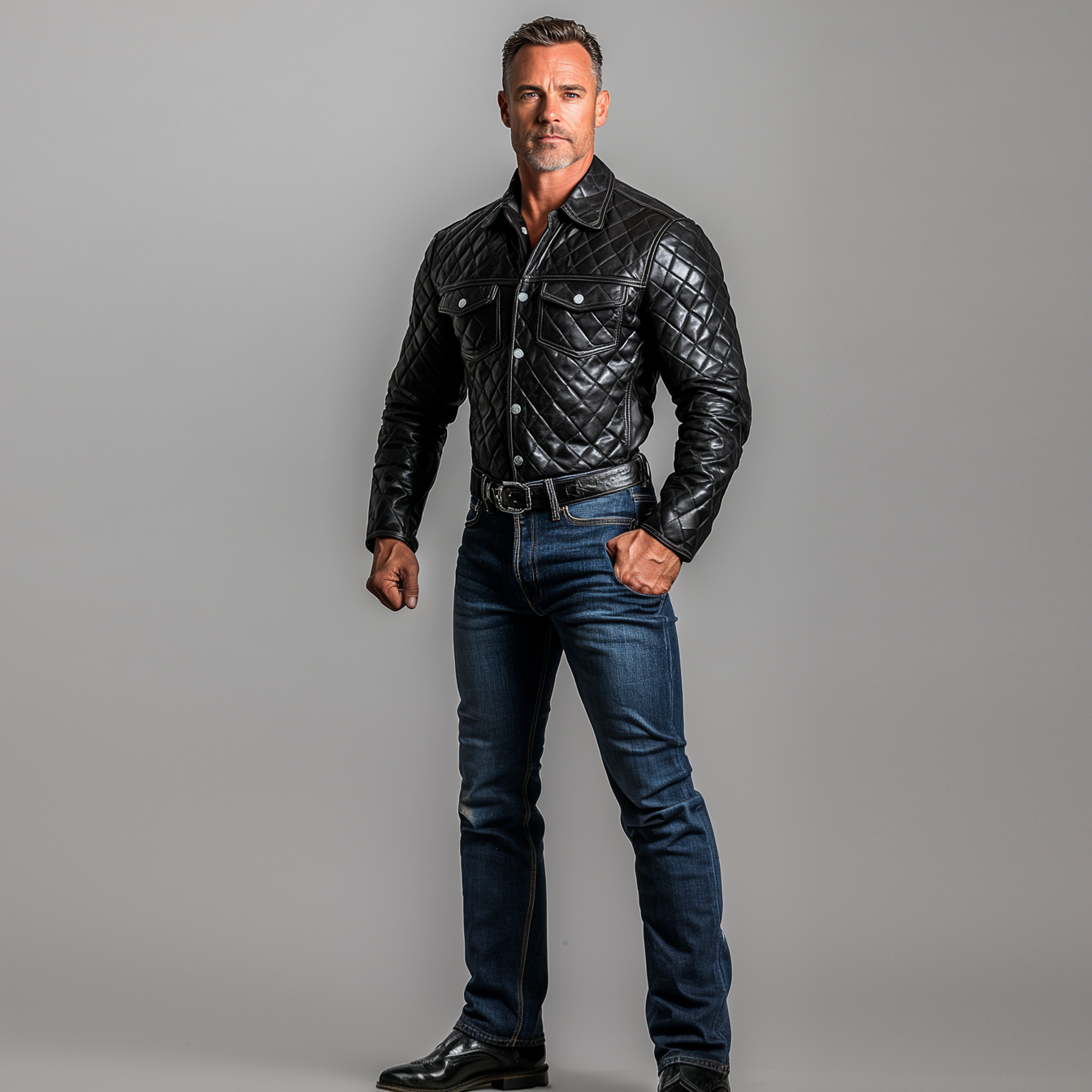 Men's Turndown Collar Chest Pocket Long Sleeve Quilted PU Leather Shirt