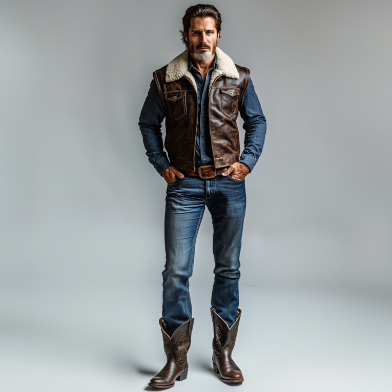 Men's Retro PU Leather Plush Lapel Collar Chest Pocket Vest