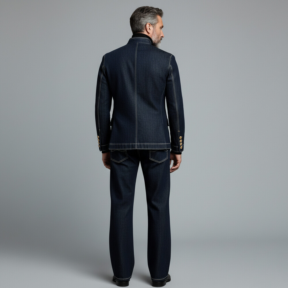 Men's Black Stand Collar Double Breasted Long Sleeve Denim Jacket & Straight Leg Jeans 2Pcs Set