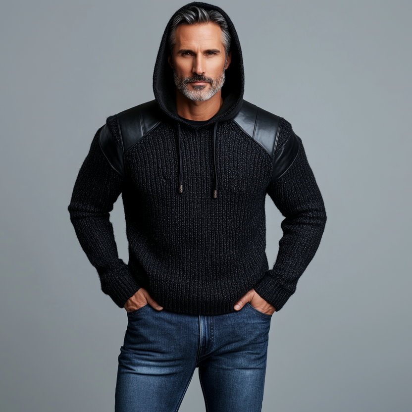 Men's Casual PU Leather Patchwork Rib Knit Long Sleeve Drawstring Hoodie