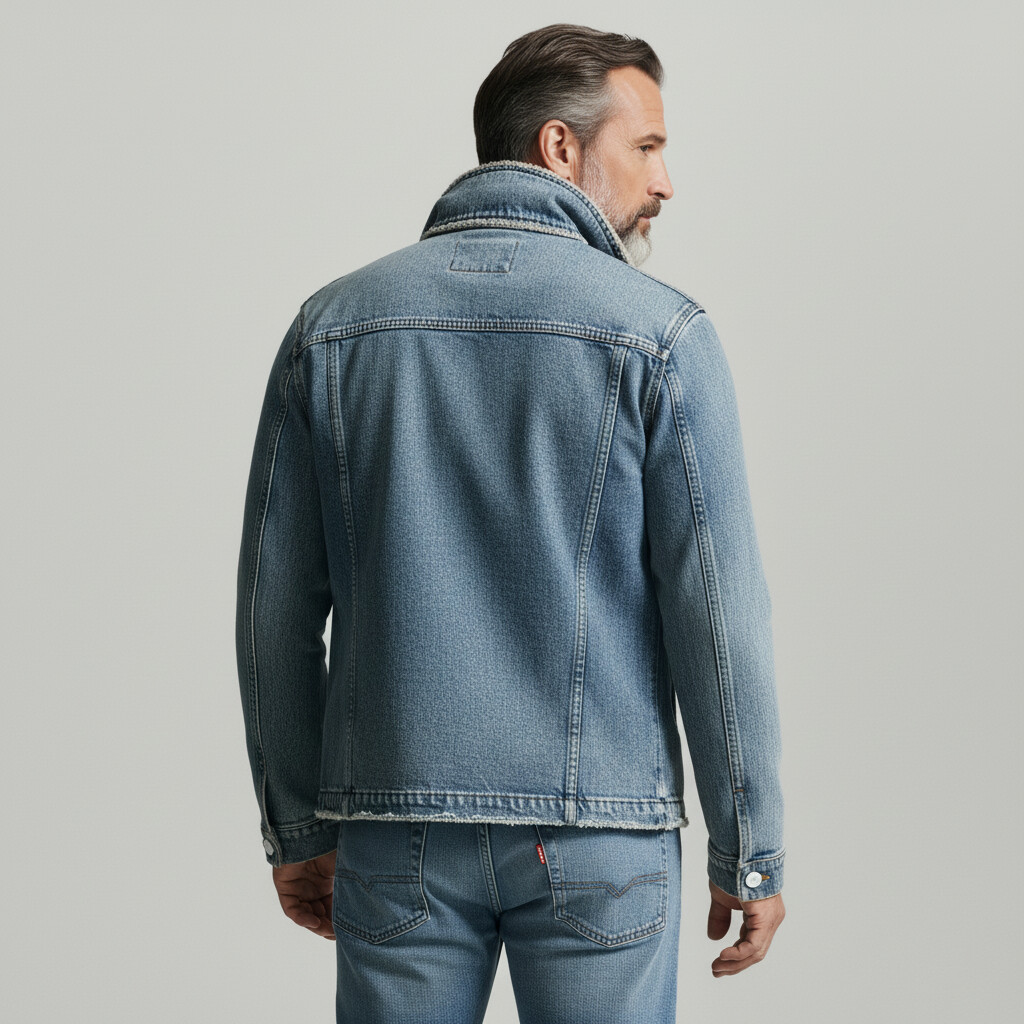 Men's Blue Lapel Collar Double Breasted Long Sleeve Pocket Frayed Trim Denim Jacket