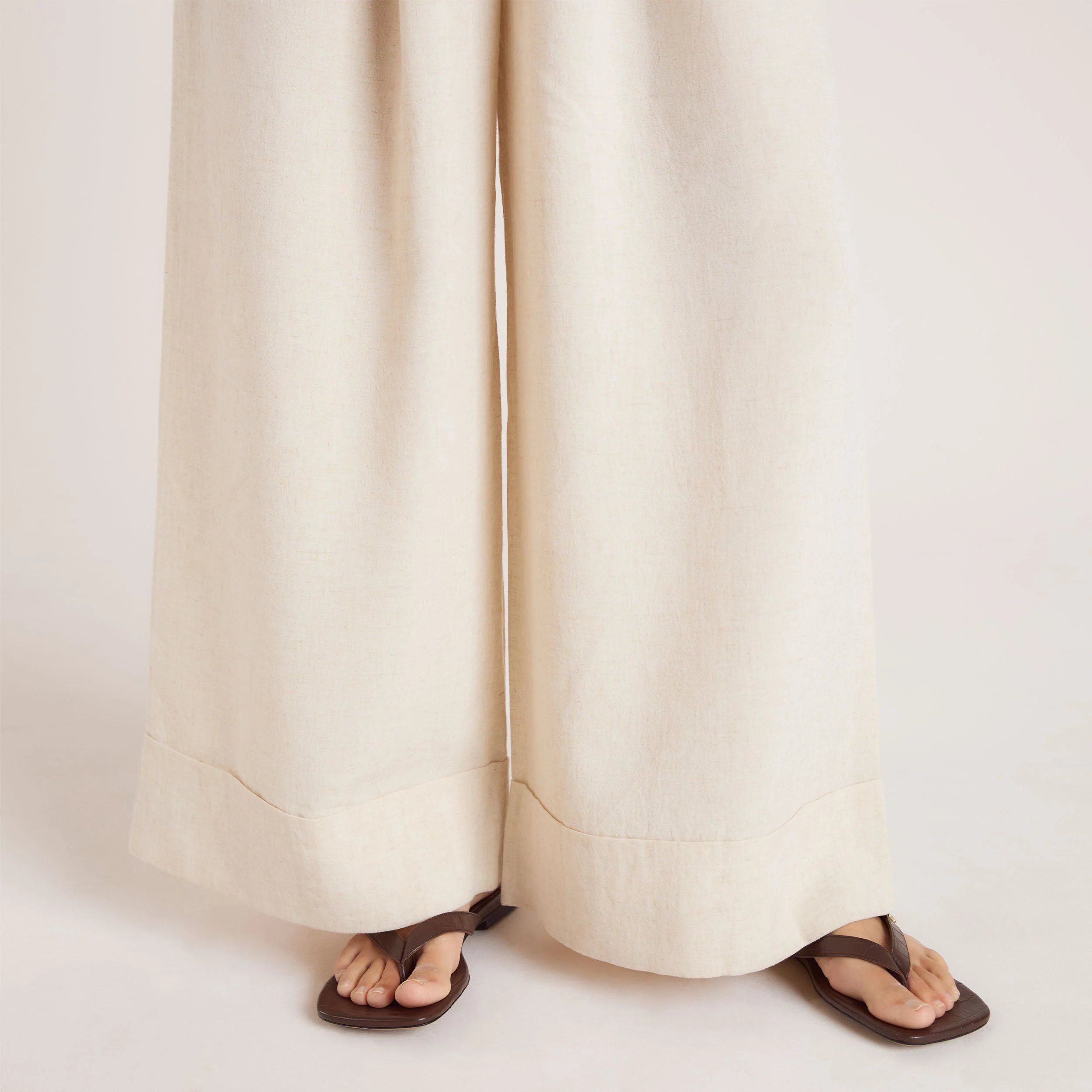 Linen Blend Wide-Leg Pants - Cream