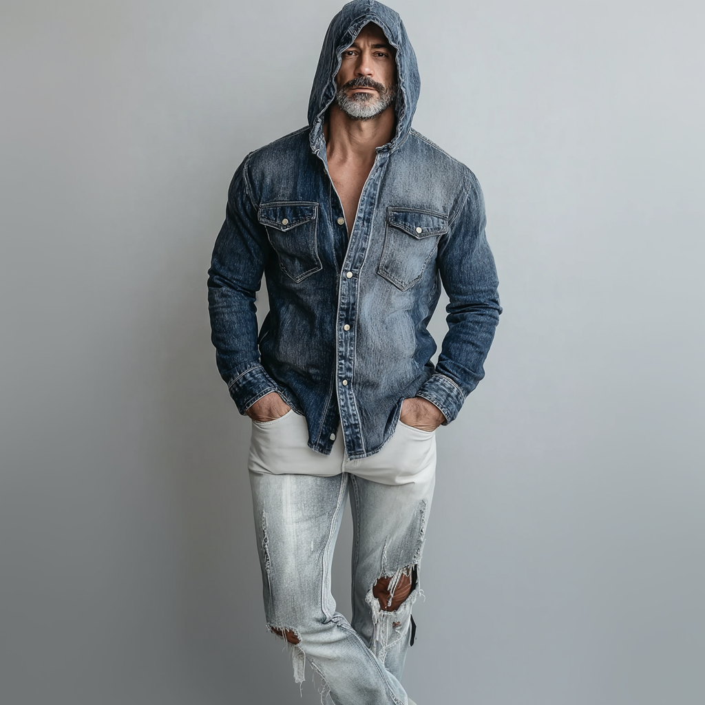 Men's Retro Chest Pockets Single Breasted Long Sleeve Denim Hooded Shirt