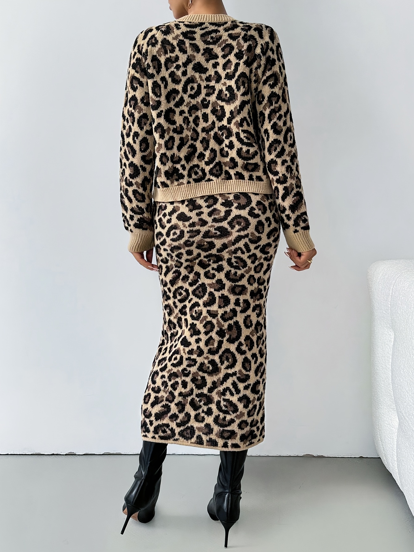 Elegant Leopard Print Knit Two-Piece Set for Women