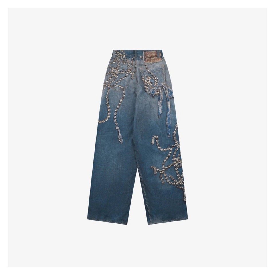 Acne Studios Crystal Bow Trompe-L’Œil Straight-Leg Denim Pants