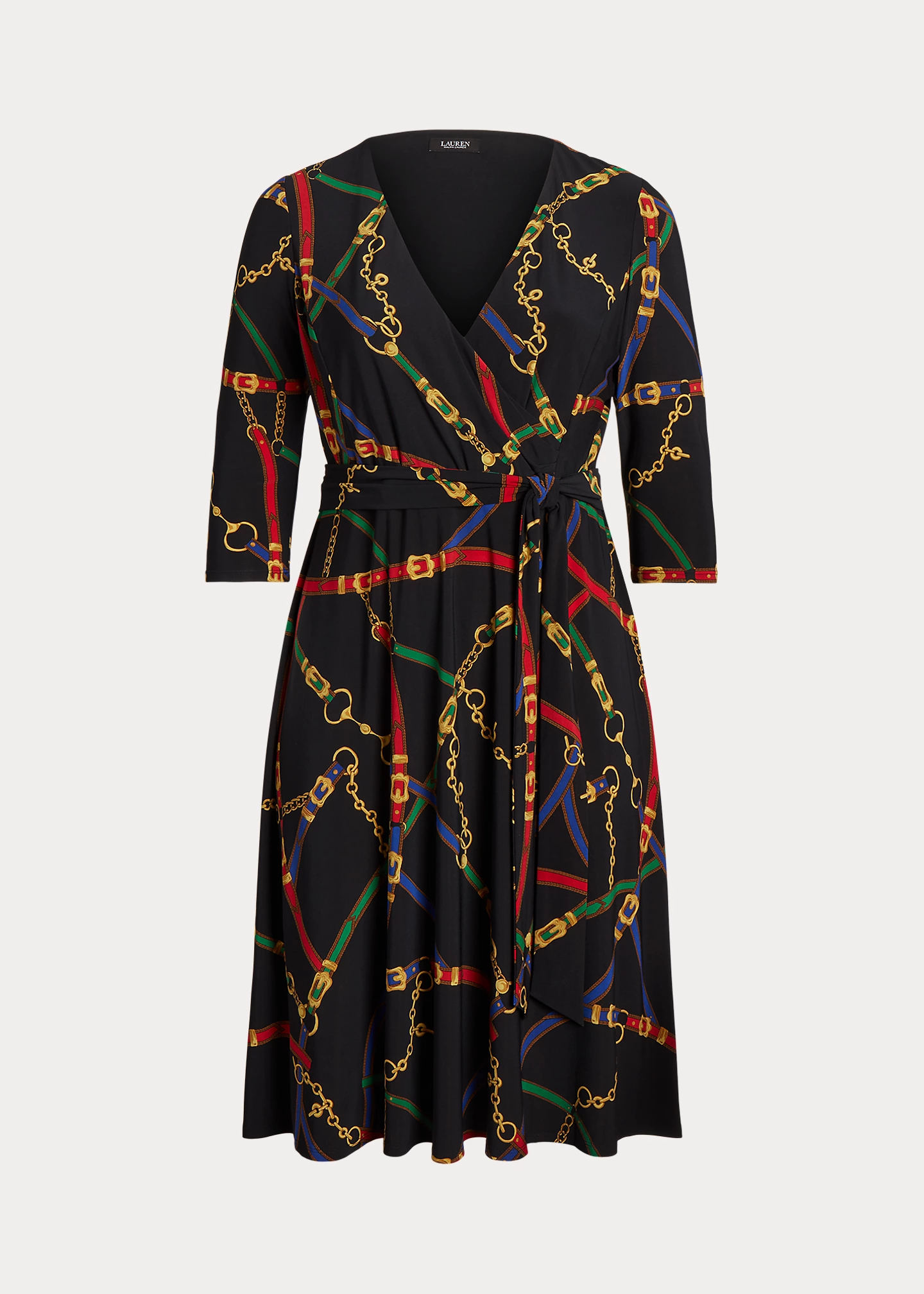 Belting-Print Surplice Jersey Dress