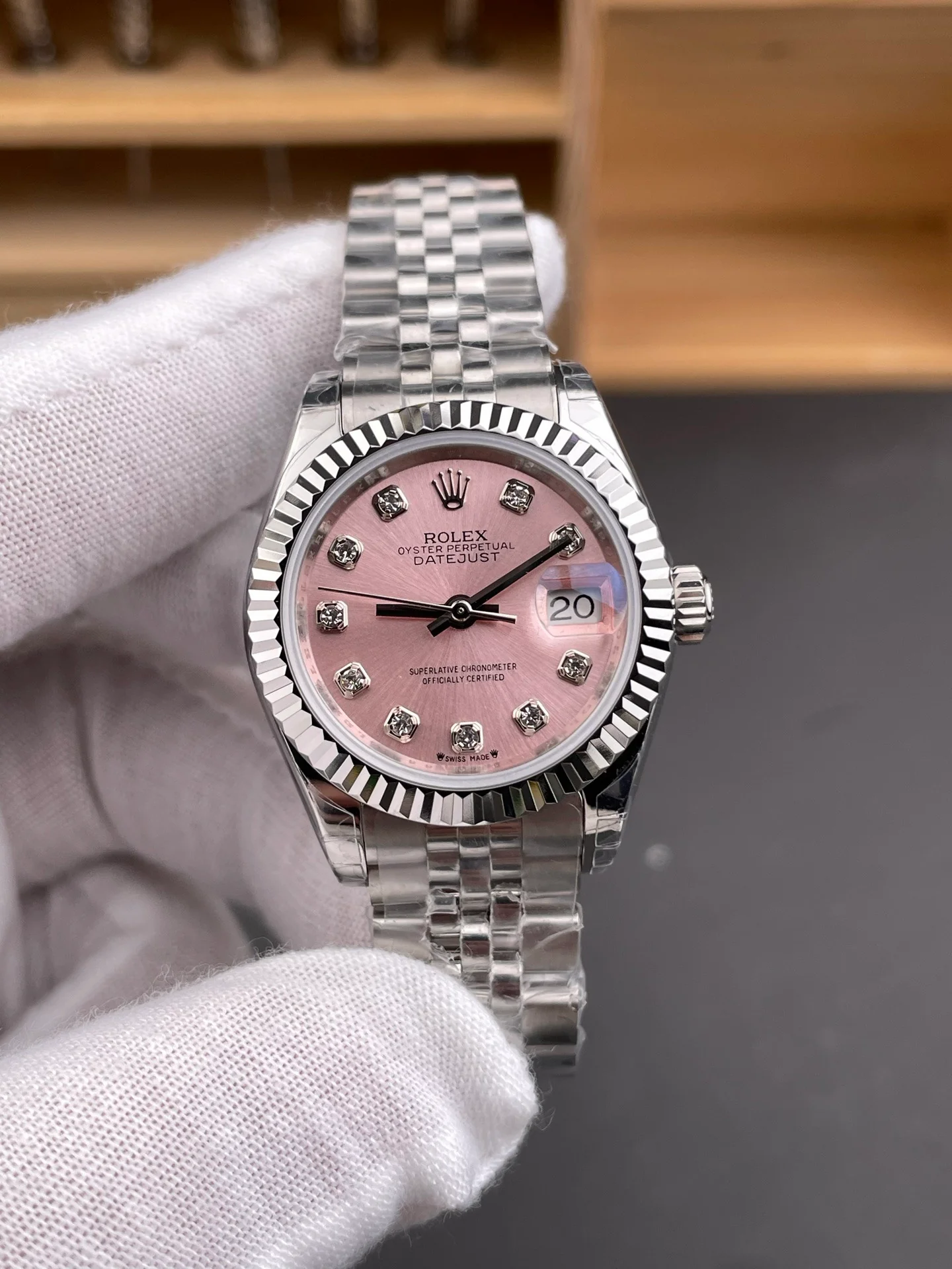 Pink Dial Datejust Diamond Markers Ladies Watch