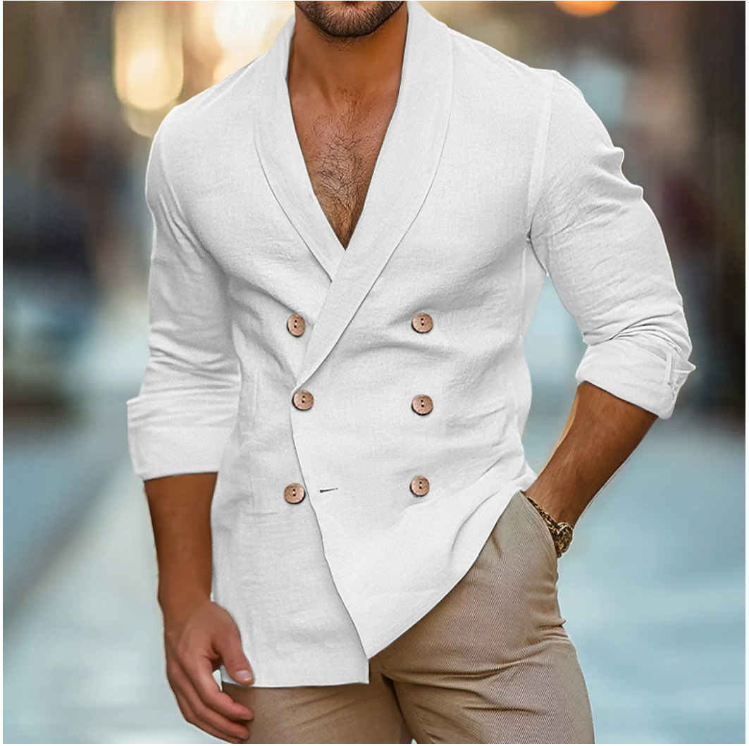 Men's Shawl Lapel Double Breasted Long Sleeve Shirt