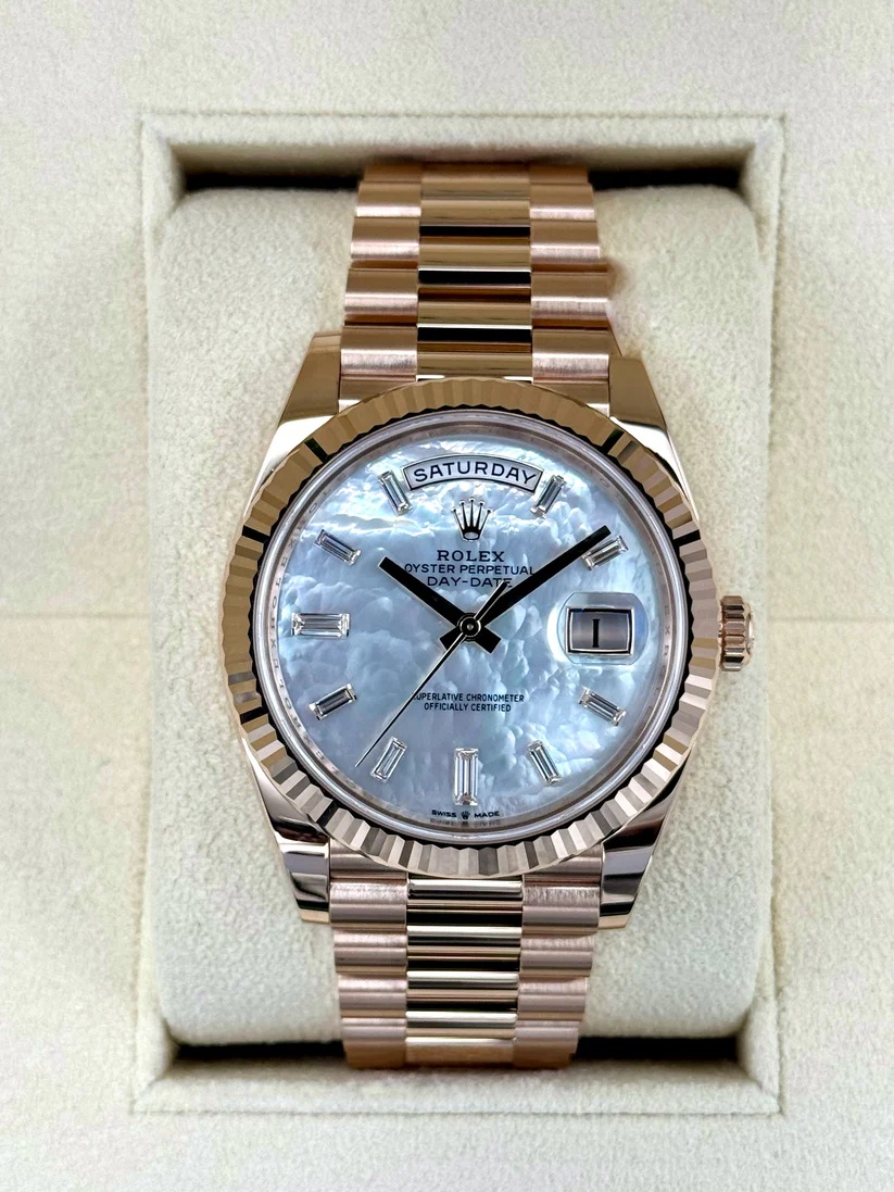 [2026 Mirror Grade]RLX Day-Date President 40mm Everose Gold Mother of Pearl Diamond Baguette Dial - 228235