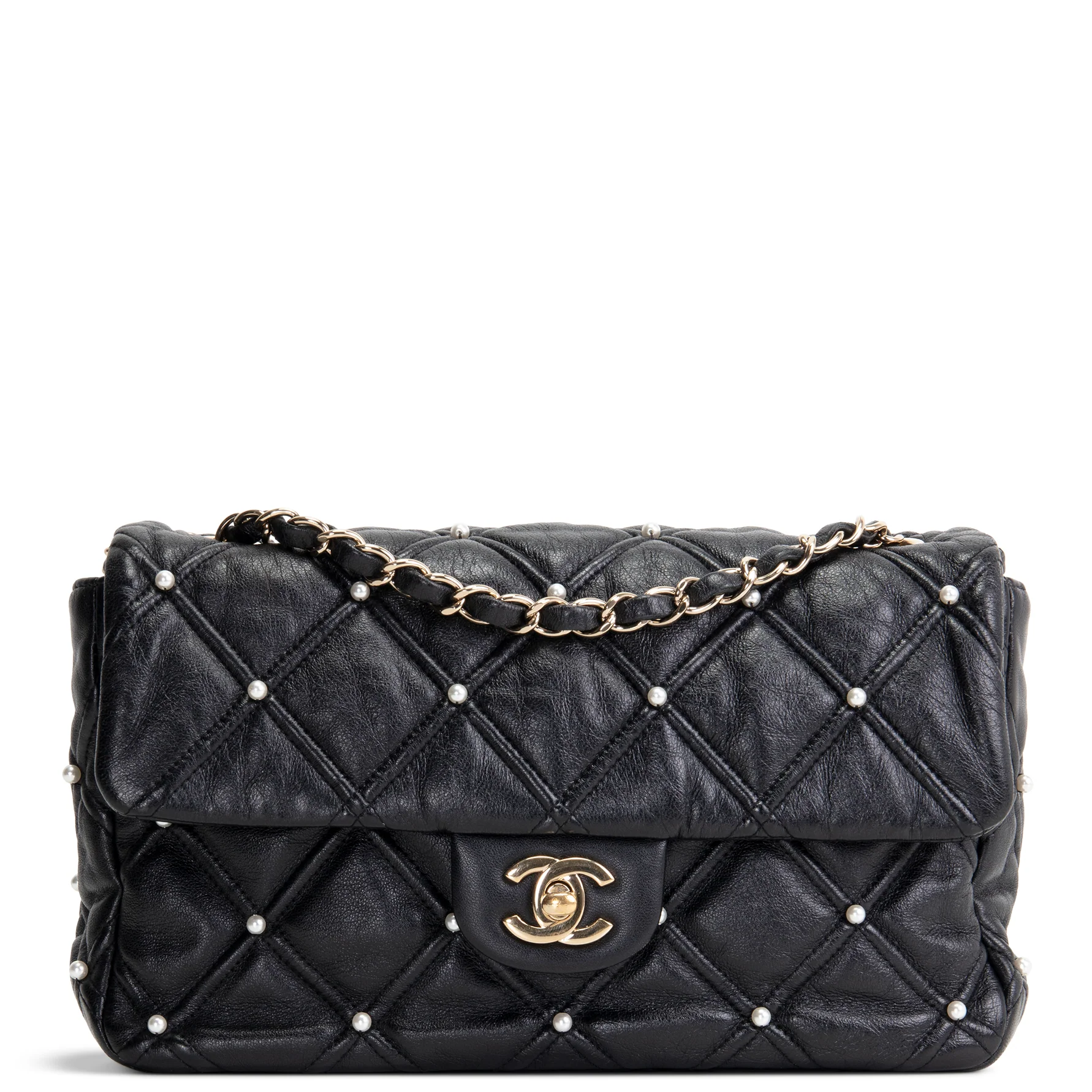 CHANEL CC Flap Pearl Studded Quilted Lambskin - Black