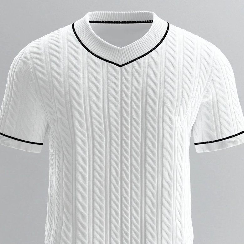 Men's Cable Knit Contrast Binding V Neck Short Sleeve T-Shirt