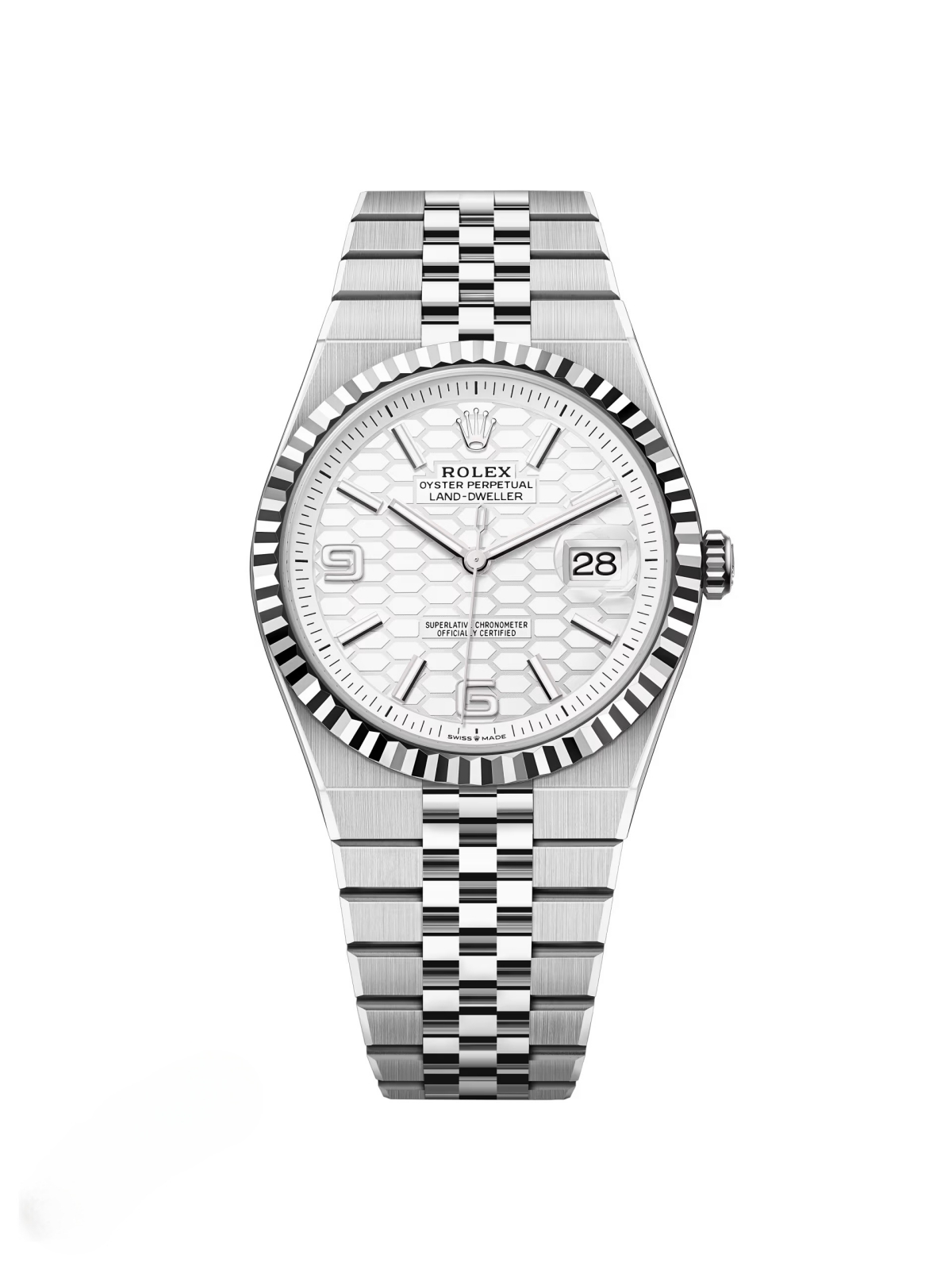 [2026 Mirror Grade]RLX Land-Dweller 127334-0001 White Honeycomb Dial White Rolesor Jubilee Bracelet 40mm