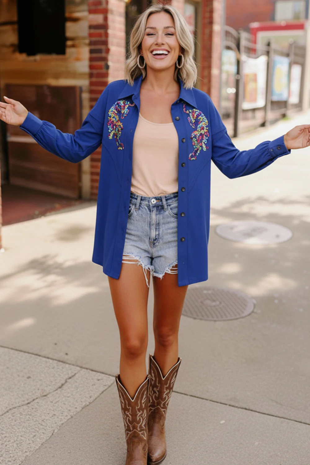 Tiger Sequin Applique Button Down Jacket