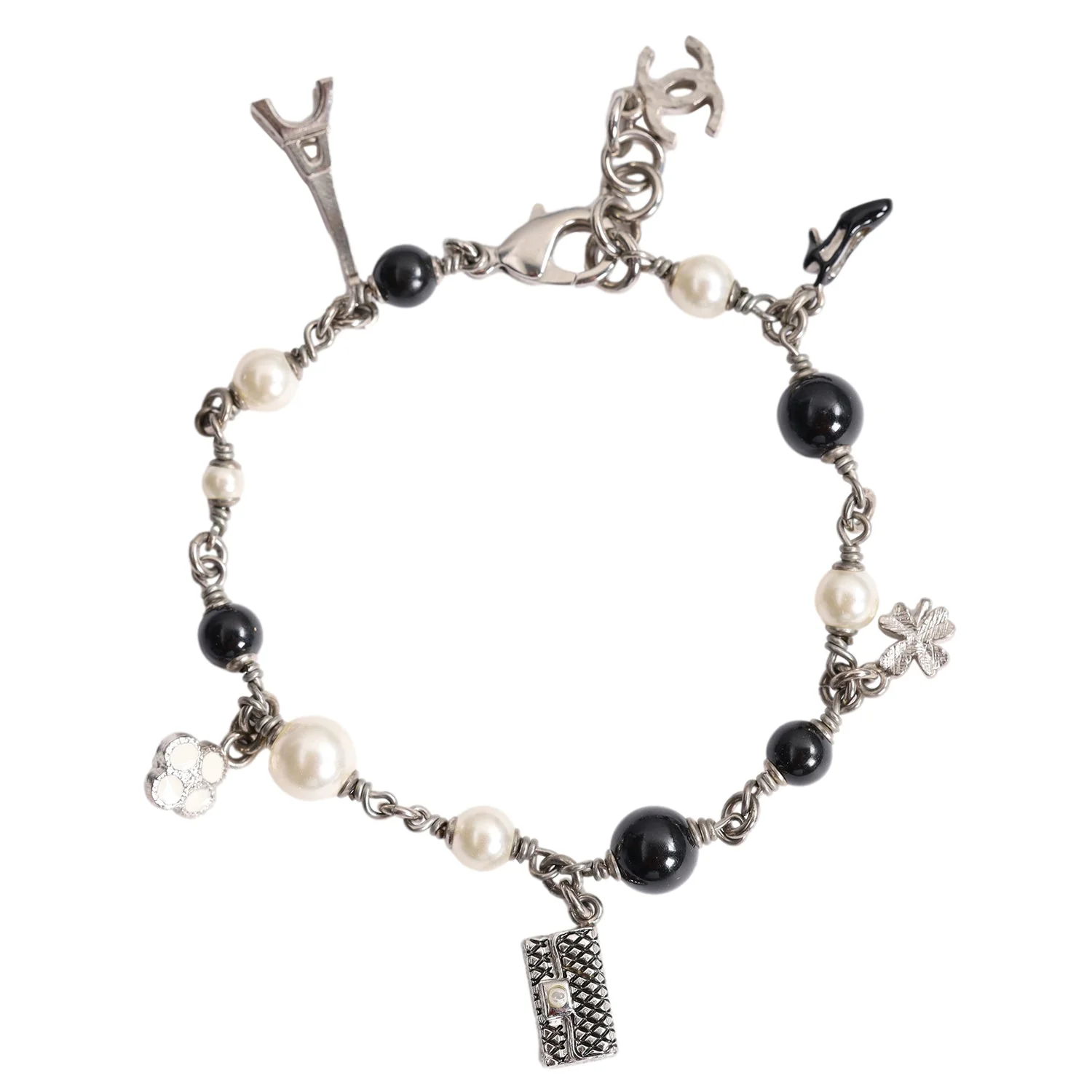 Faux Pearl Black Bead Multi Charm Silver Tone Bracelet
