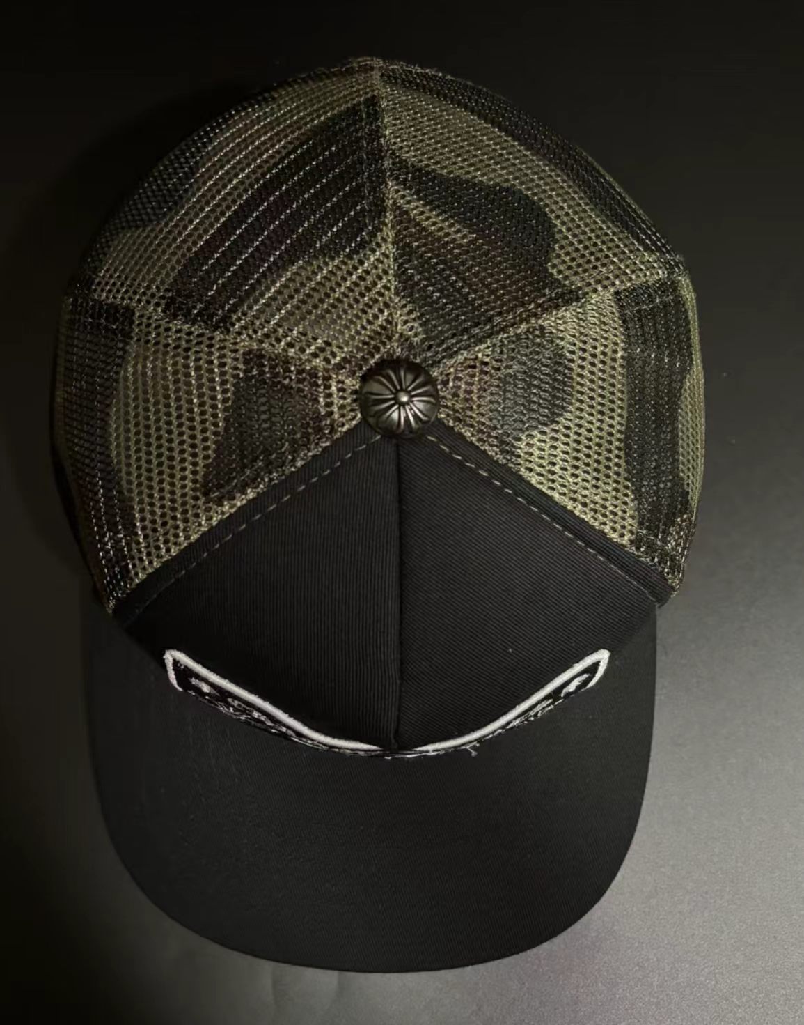 Chrome Hearts Style Camo Mesh Trucker Hat with Cross Button Detail
