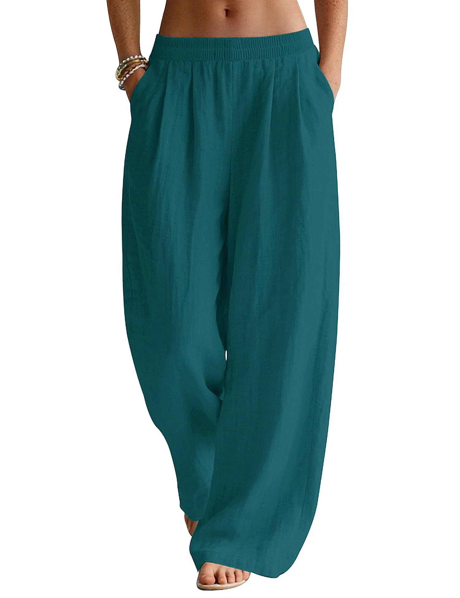 Linen Pants Women Wide Leg Palazzo Summer Flowy Pants Beach Vacation Clothes Loose Casual Travel Trousers with Pockets (Lake Green, M)