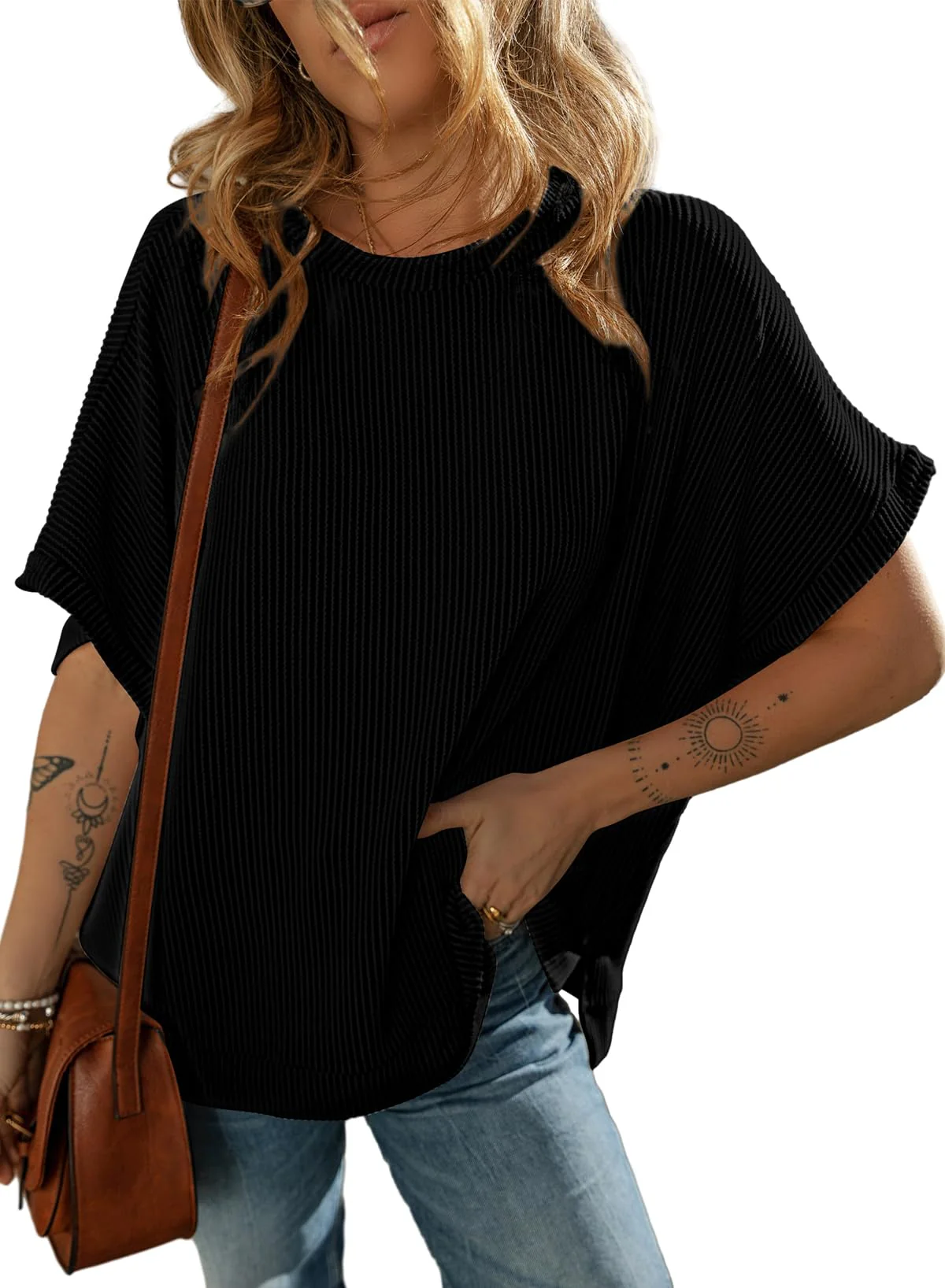 Womens Ladies Plus Size Tops for Women 2026 Fashion Summer Short Sleeve Solid Casual T-Shirts Work Business Loose Tee Shirts Texture Waffle Knit Tunic Top Blouses Black XX-Large