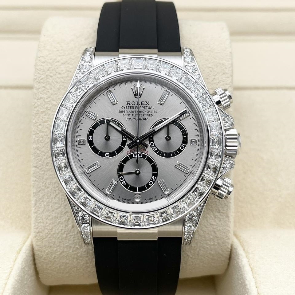 [2026 Mirror Grade]Rolex Cosmograph Daytona 40mm White Gold Diamond Baguette Silver Dial Diamond Bezel Oysterflex - 126539TBR