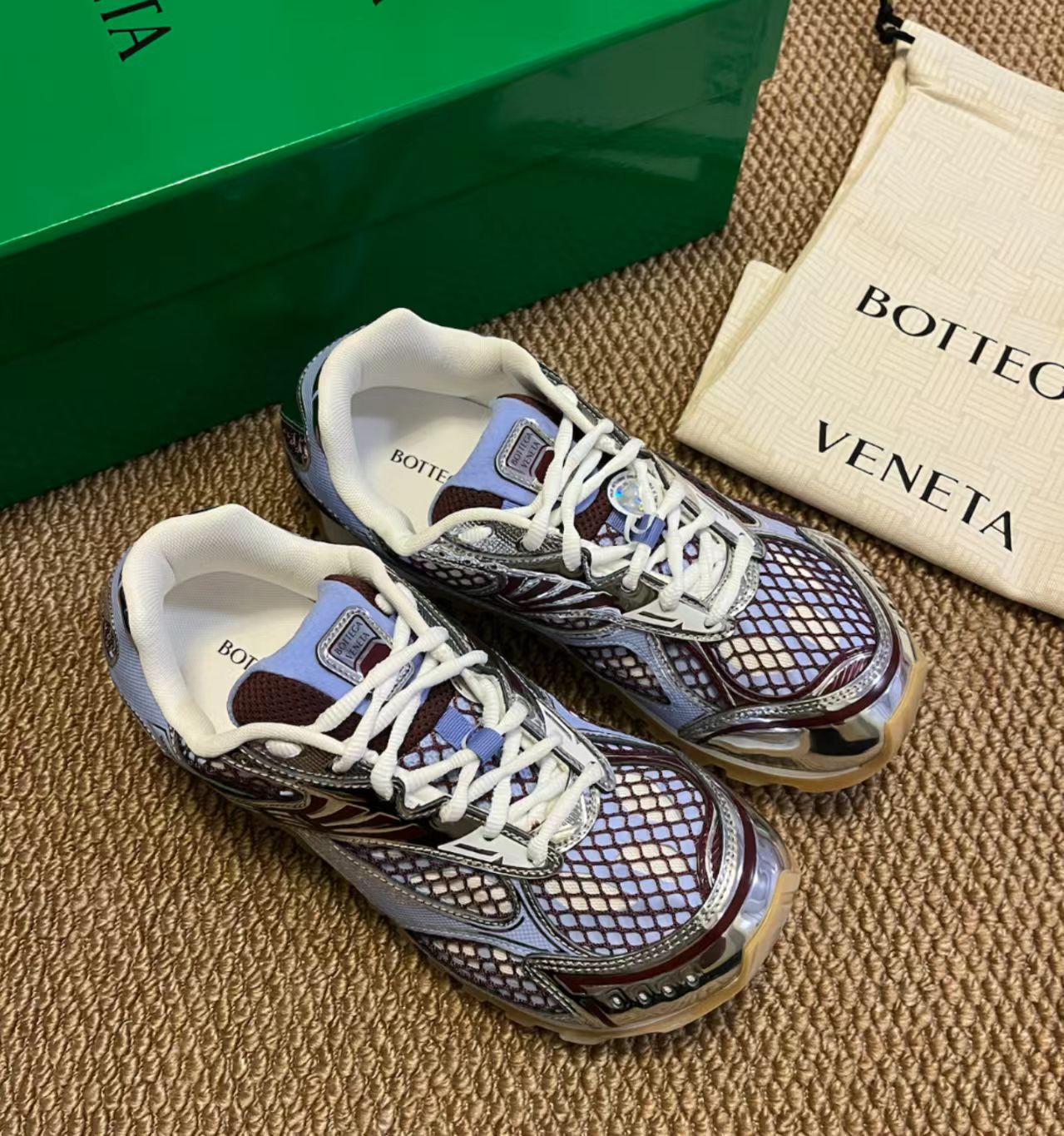 Bottega Veneta Orbit Sneakers in Light Blue/Burgundy/Silver