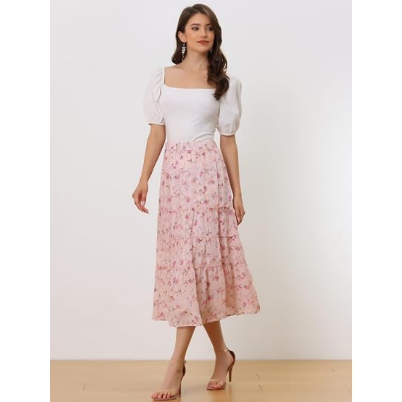 Women's Floral Chiffon A‑Line Tiered Ruffle Maxi Skirt