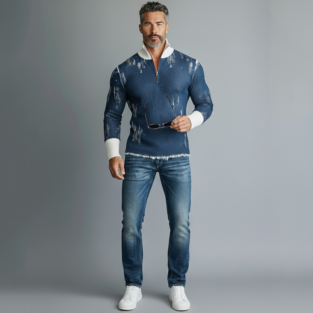 Men'S Blue Knitted And White Ribbed Half-Zip Long-Sleeved Sweater