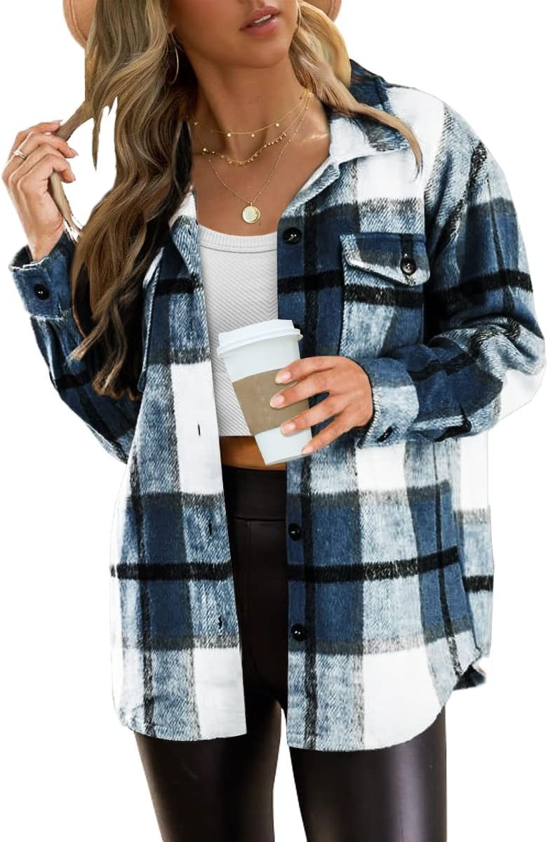 AUTOMET Womens Flannel Shackets Plaid Button Down Shirts Fall Winter Jackets Cute Tops Trendy Cowgirl Outfits Teen Sweaters