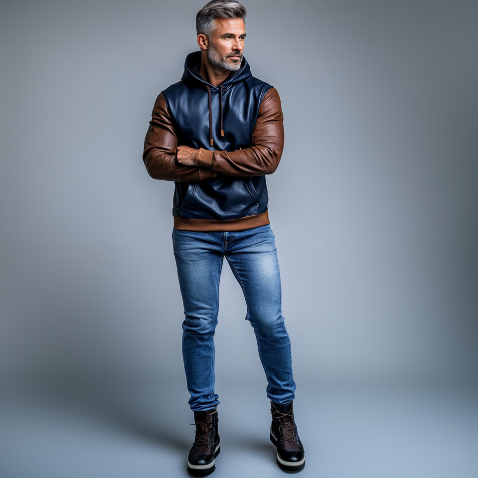 Men's PU Leather Two Tone Pocket Long Sleeve Drawstring Hoodie