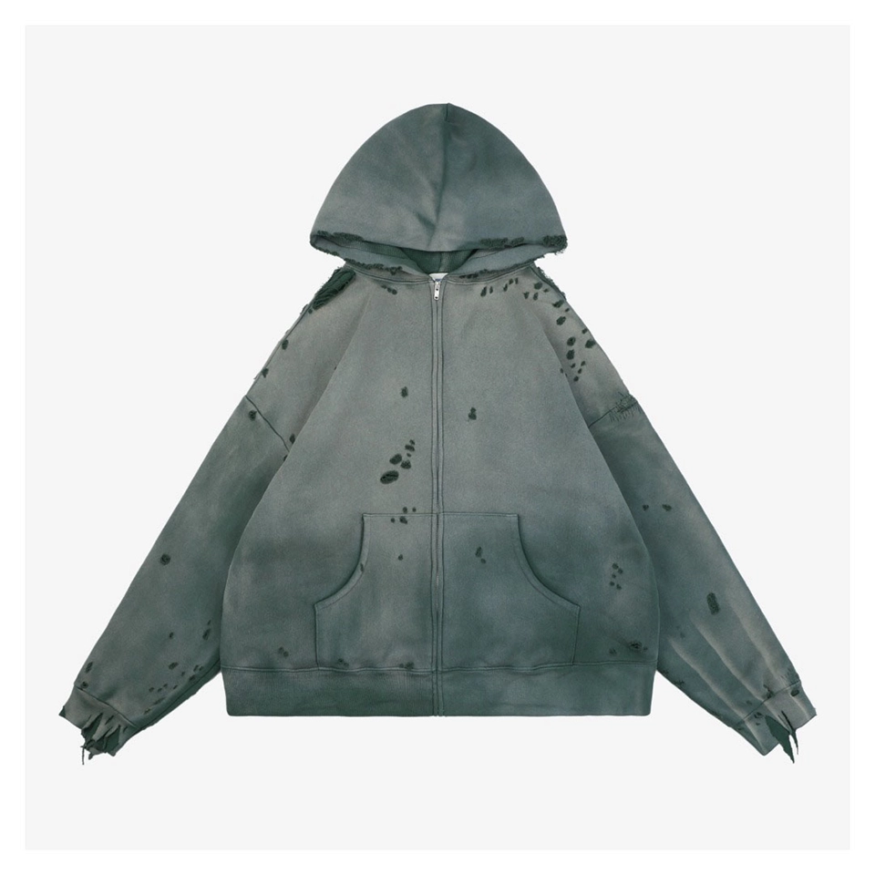 Saint Michael Distressed Double-Layer Waffle Zip Hoodie (Grey/Green)