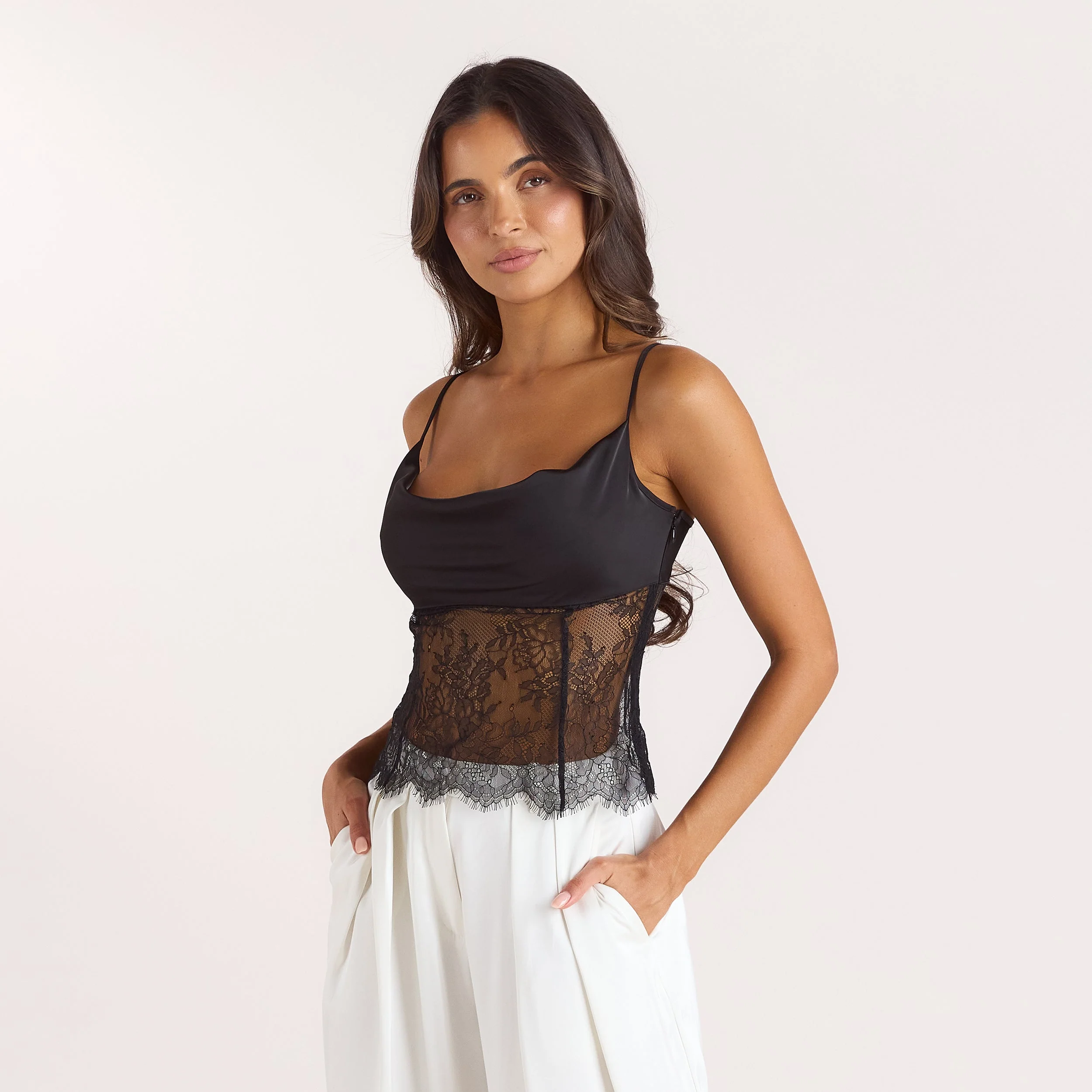 Satin Cowl-Neck Cami Top - Black
