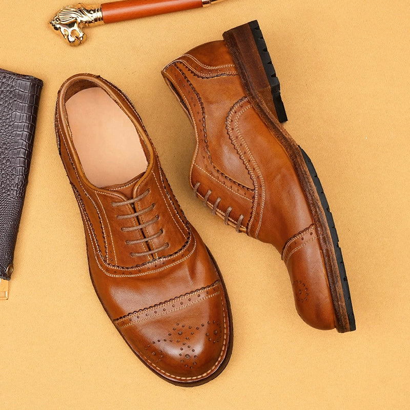 (Ships in 6 days)Men’s Horsehide Cap-Toe Brogue Oxford Shoes 1570-180