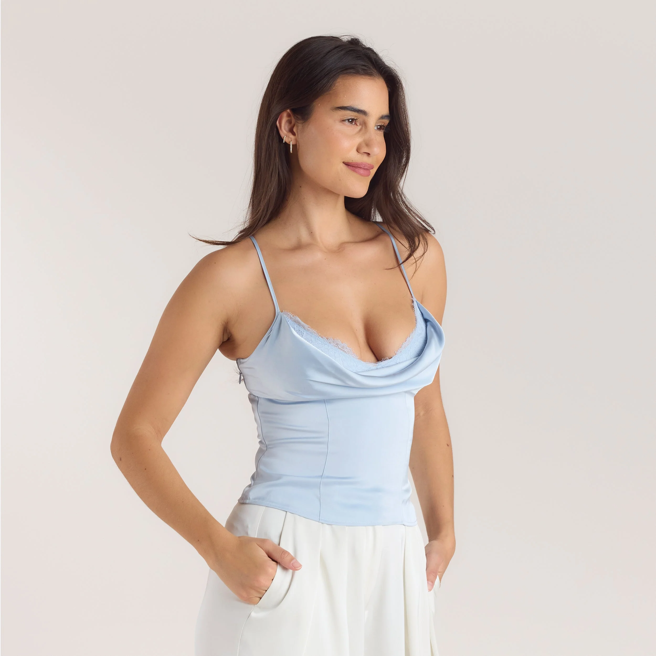 Satin Cowl Neck Cami Top - Blue