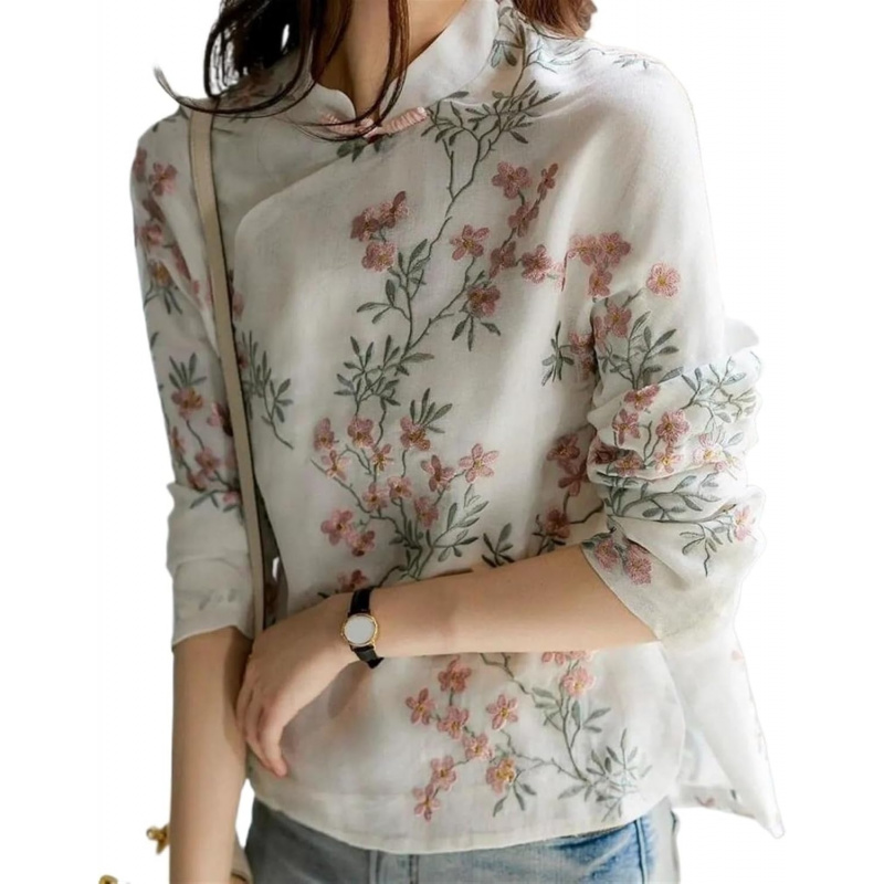 Soft Women's Blouse Shirt Chinese Style Long Sleeve Cheongsam Shirt All Match