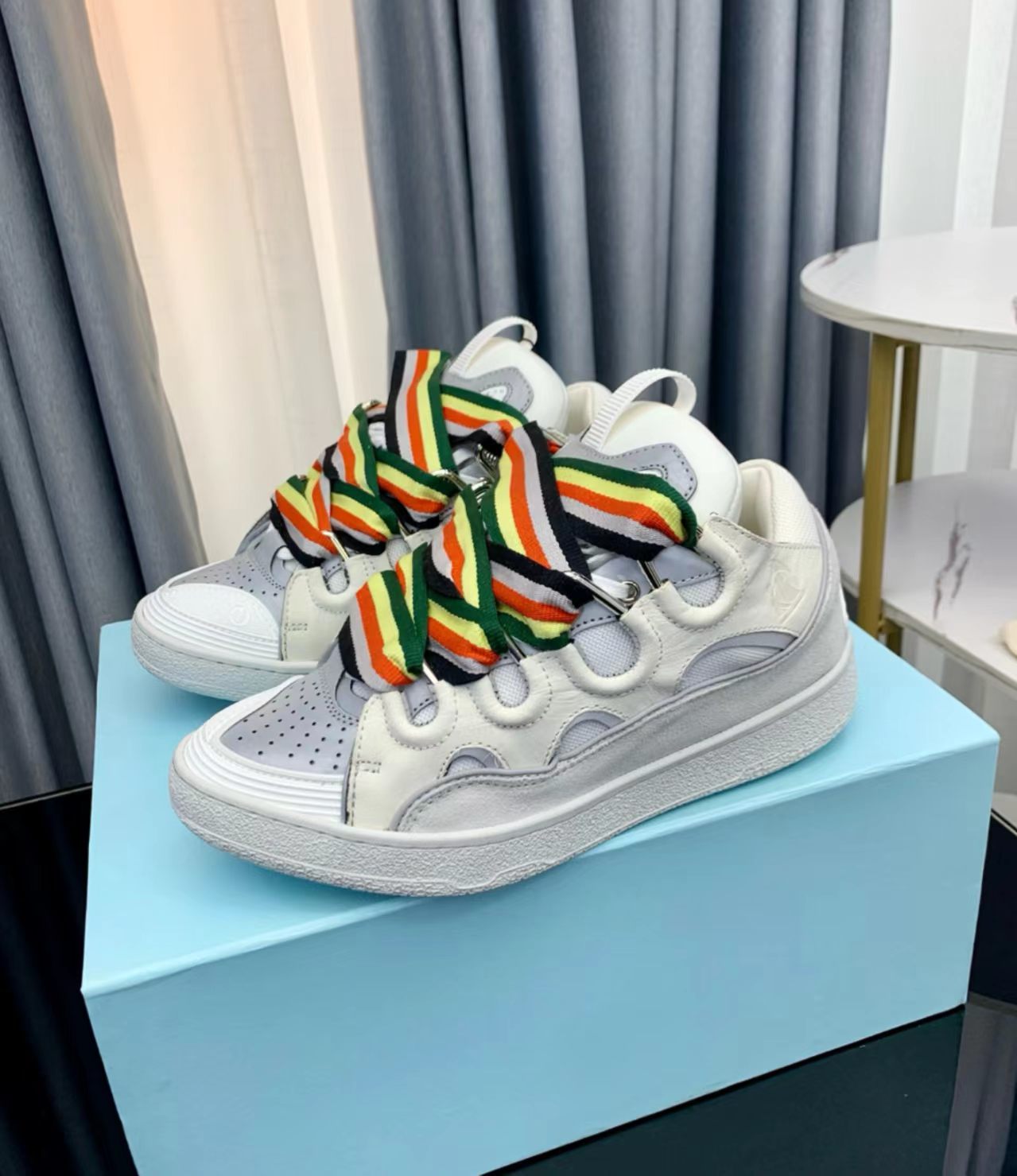 Lanvin Curb Sneakers "White/Grey Multi-Color Stripe Laces