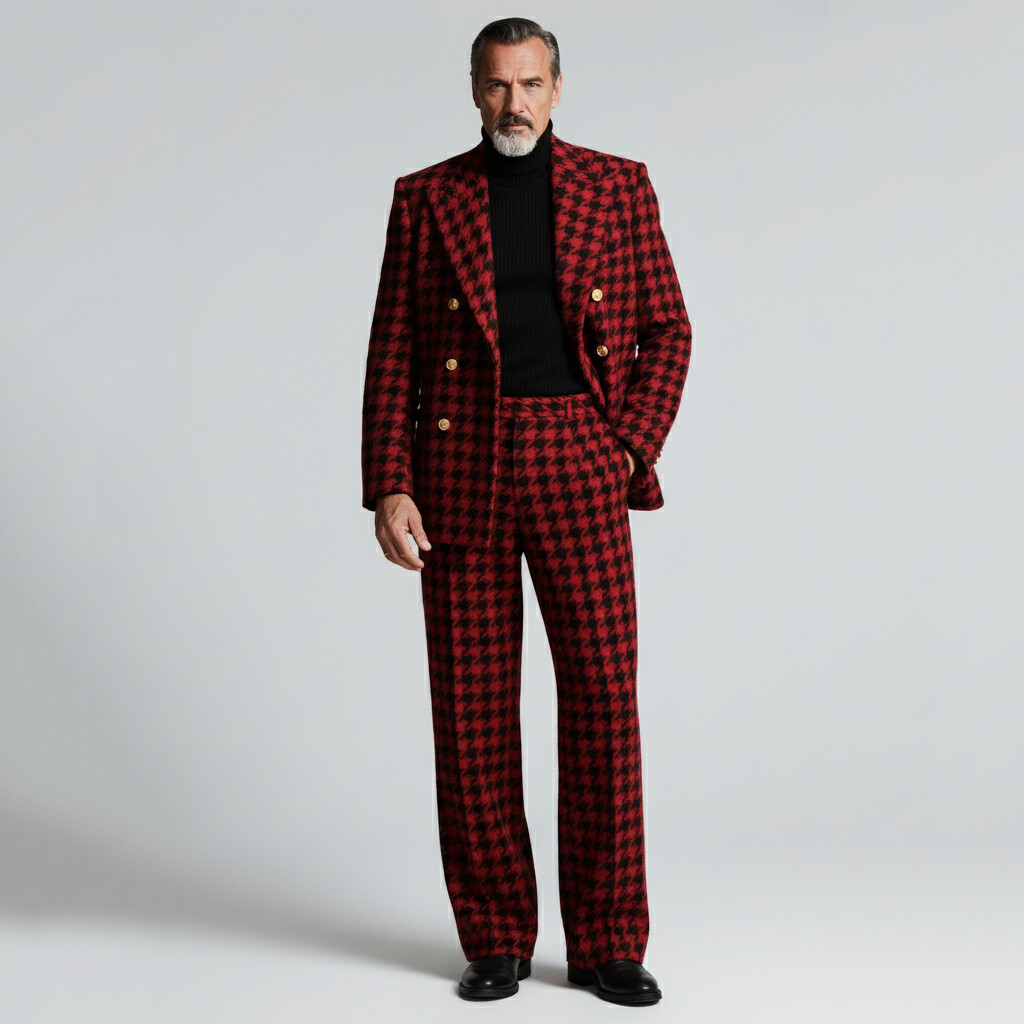 Men's Business Red Houndstooth Pattern Double Breasted Peaked Lapel Long Sleeve Blazer
