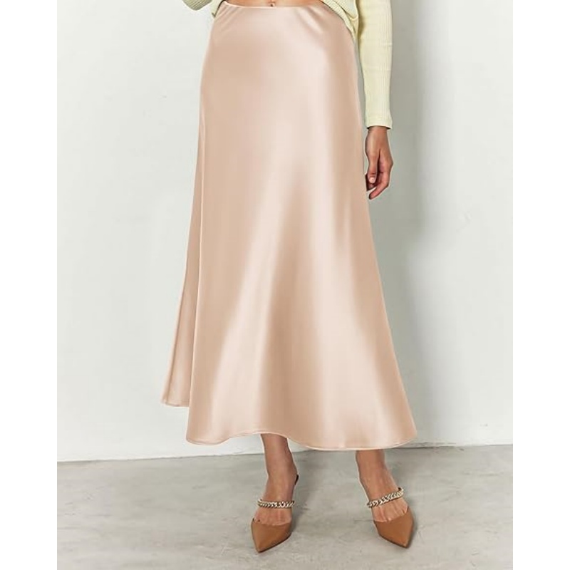 Women's Satin High Waist A‑Line Long Midi Skirt, 2026 Summer