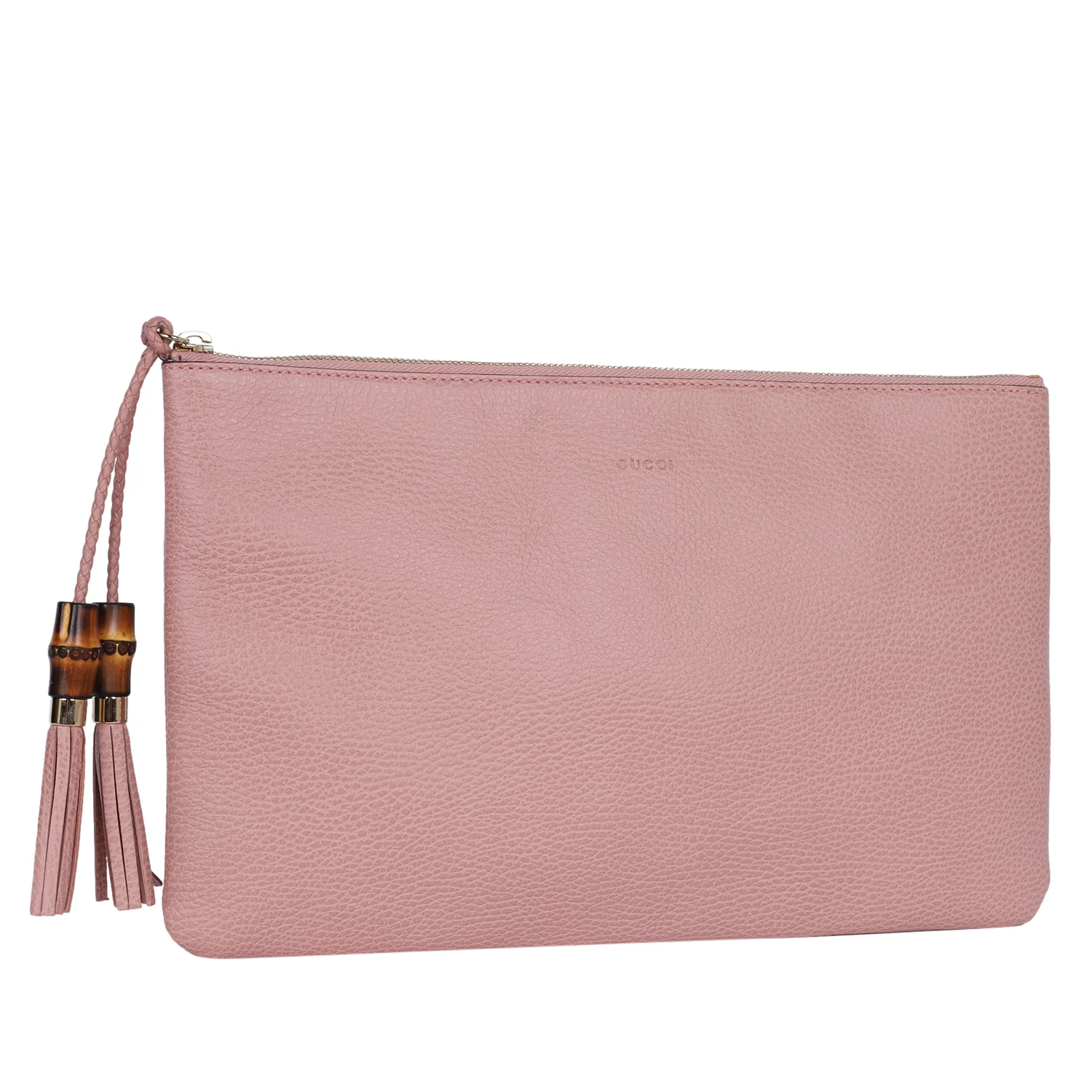 Pebbled Calfskin Leather Large Bamboo Clutch Cosmetic Case Pink
