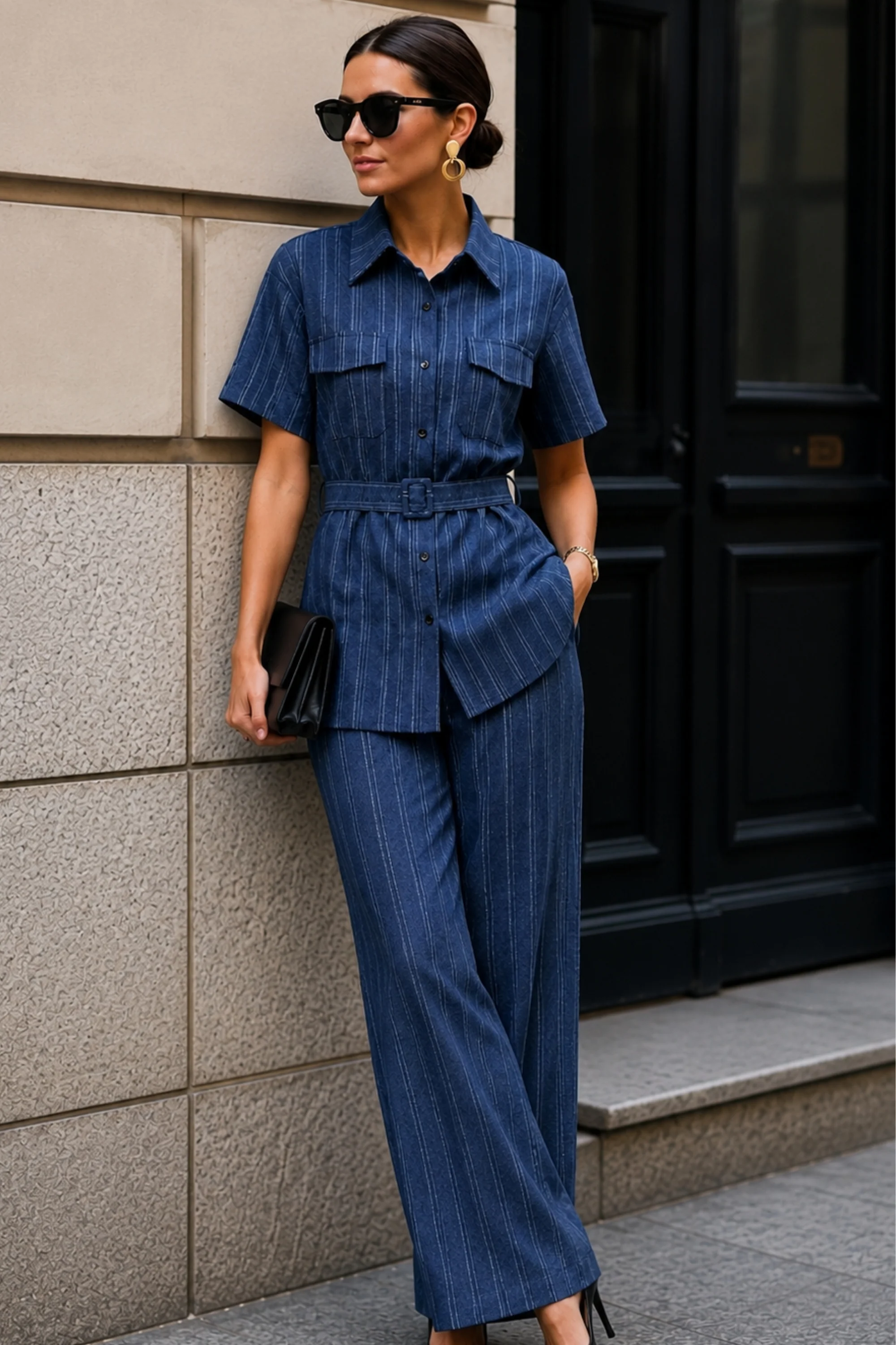 Indigo Stripe Utility Belted Co-ord Set