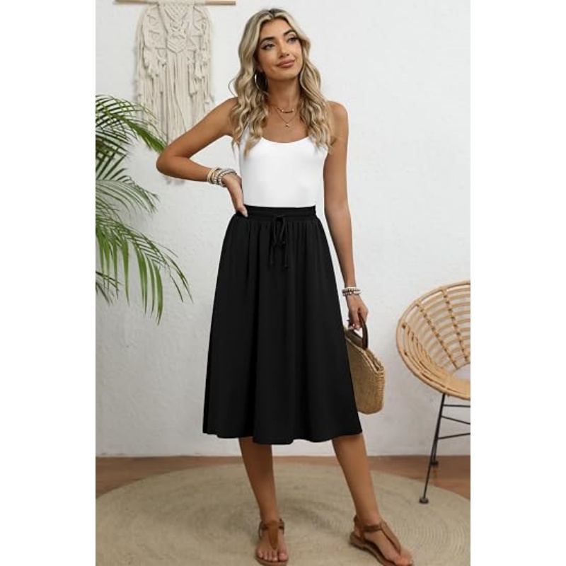 Women's Pleated Elastic High Waist Midi Skirt with Pockets
