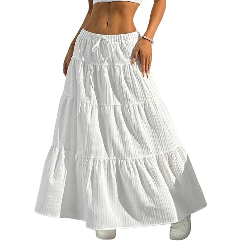 Women's Boho Flowy White High Waist Maxi Skirt with Ruffle & Elastic Waist