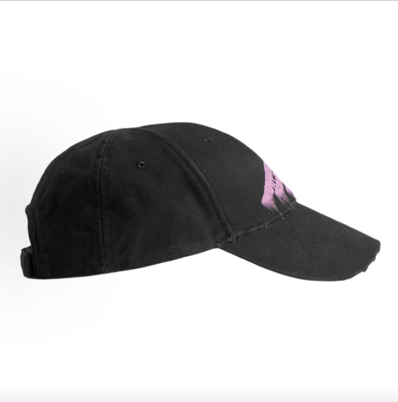 Balenciaga Pink Spray Paint Logo Distressed Black Baseball Cap