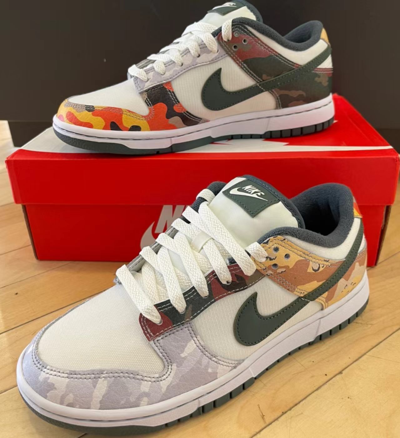 Nike Dunk Low White Multi Desert Camo Dark Green Swoosh