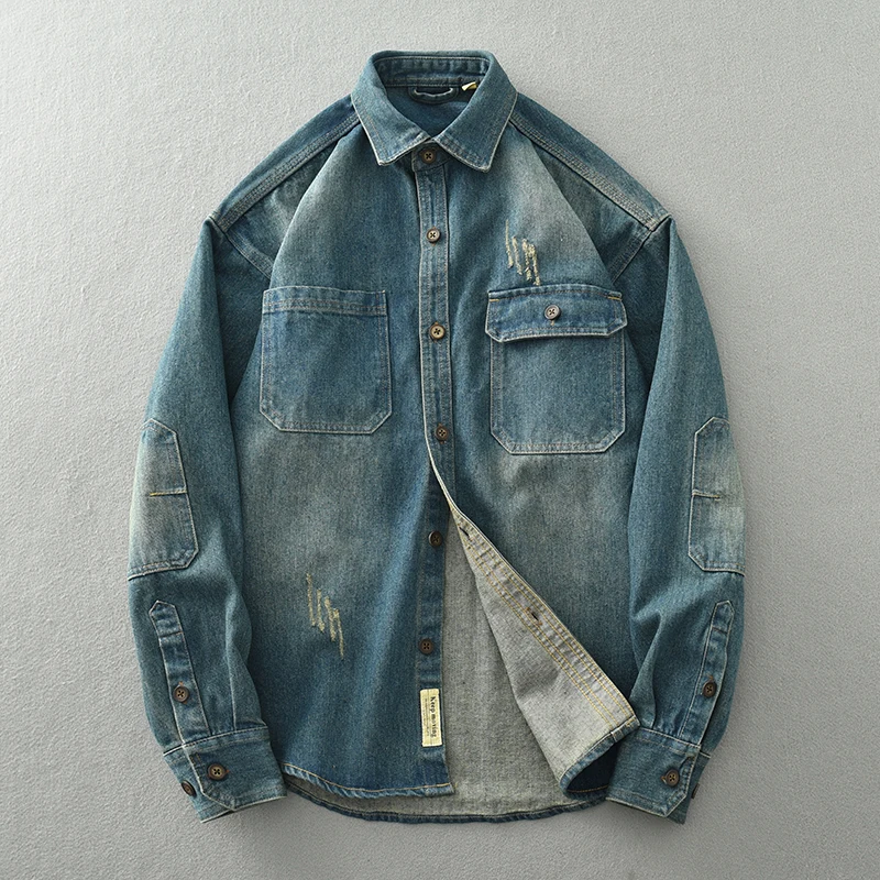 Men’s Autumn and Winter American Style Thick Nostalgic Washed Denim Shirt Youth Retro Casual Loose Shirt Jacket Coat